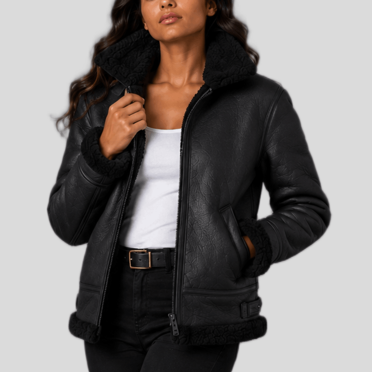 Women's Classic Shearling Leather Bomber Jacket