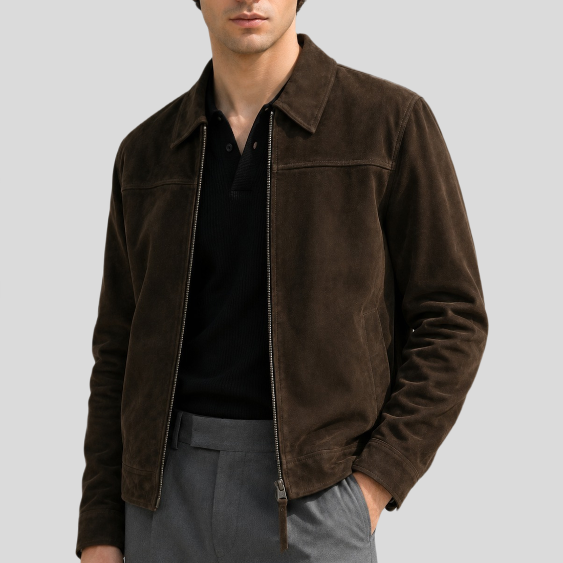 Men's Classic Cowhide Suede Zip Jacket - Brown