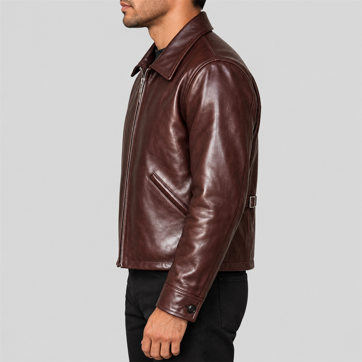 Men's Vintage Burgundy Brown Zip-Front Leather Jacket