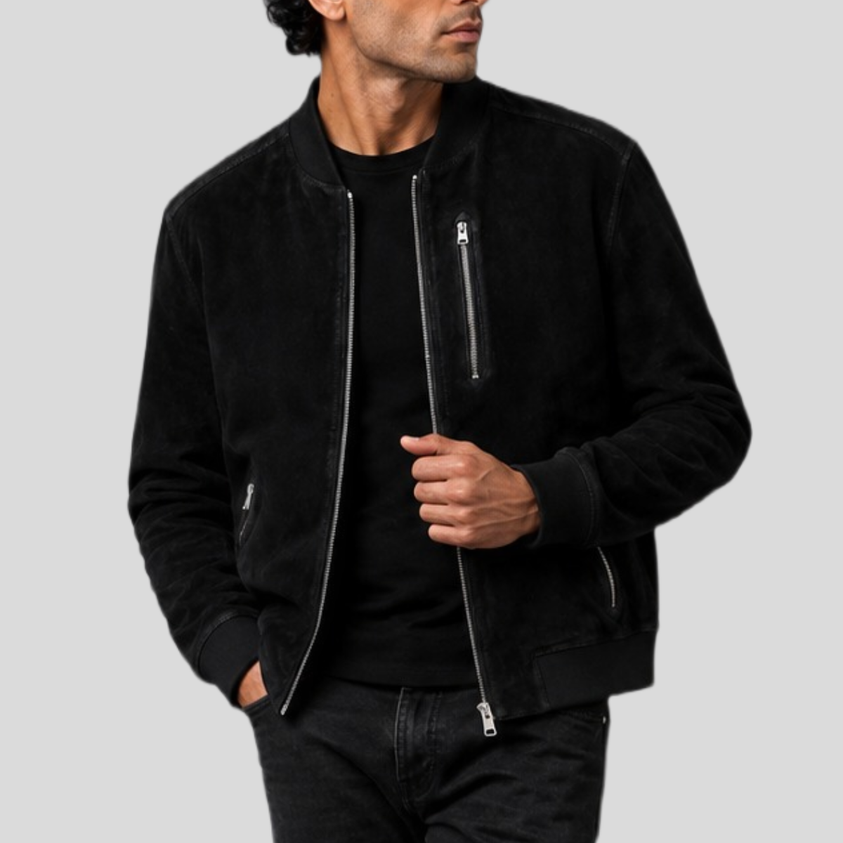 Men's Sheepskin Suede Bomber Jacket - Black