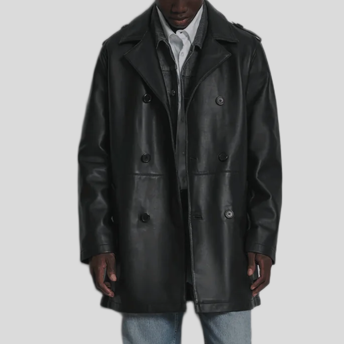 Men's Otto Leather Double-Breasted Short Car Coat - Black