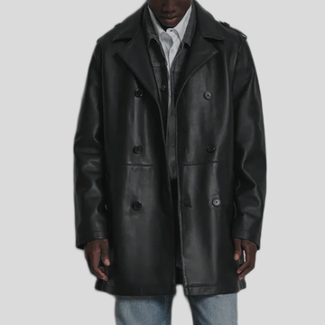 Men's Otto Leather Double-Breasted Short Car Coat - Black