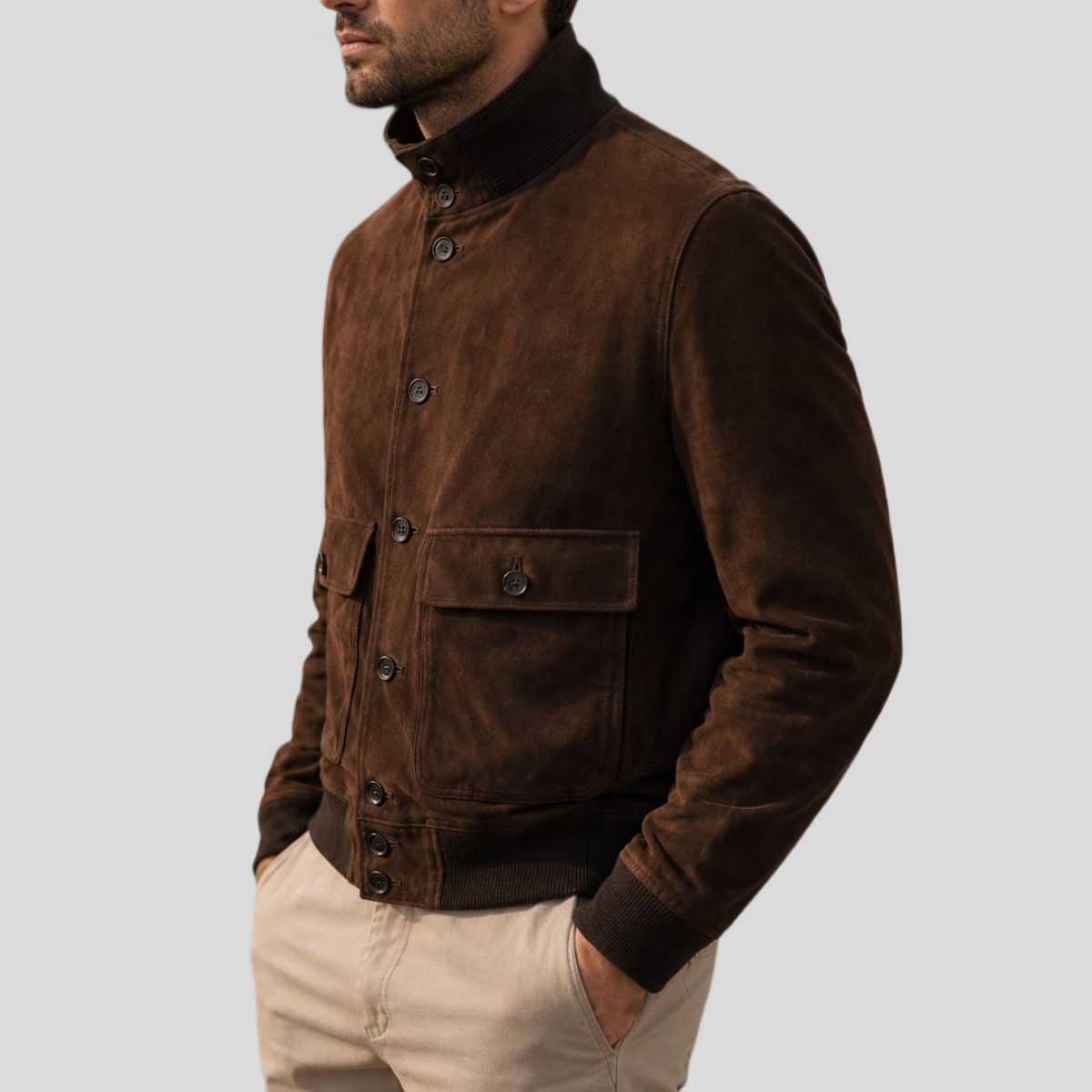 Men's Dark Brown Sheepskin Suede Bomber Jacket