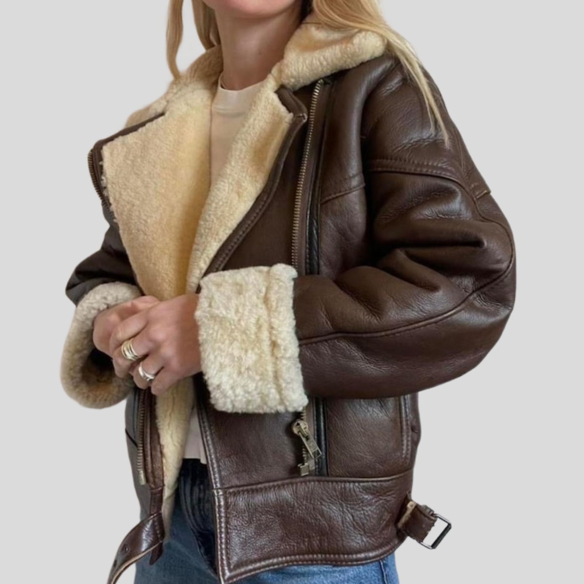 Women's Vintage B-3 Brown Sheepskin Shearling Aviator Bomber Jacket