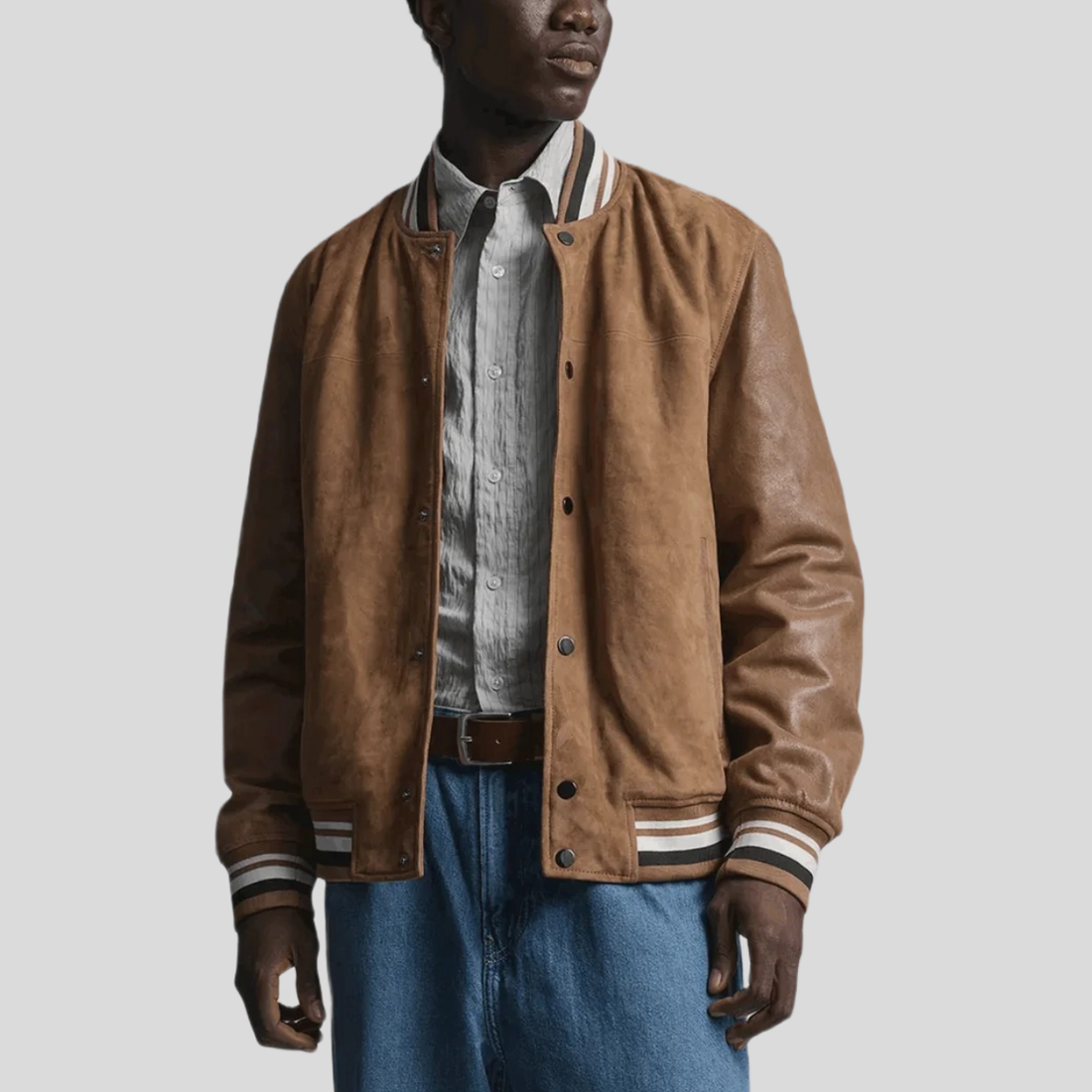 Men's Vintage Suede Varsity Jacket - Brown