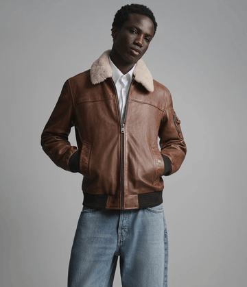 Men's Leather Bomber Jacket with Removable Shearling Collar - Brown