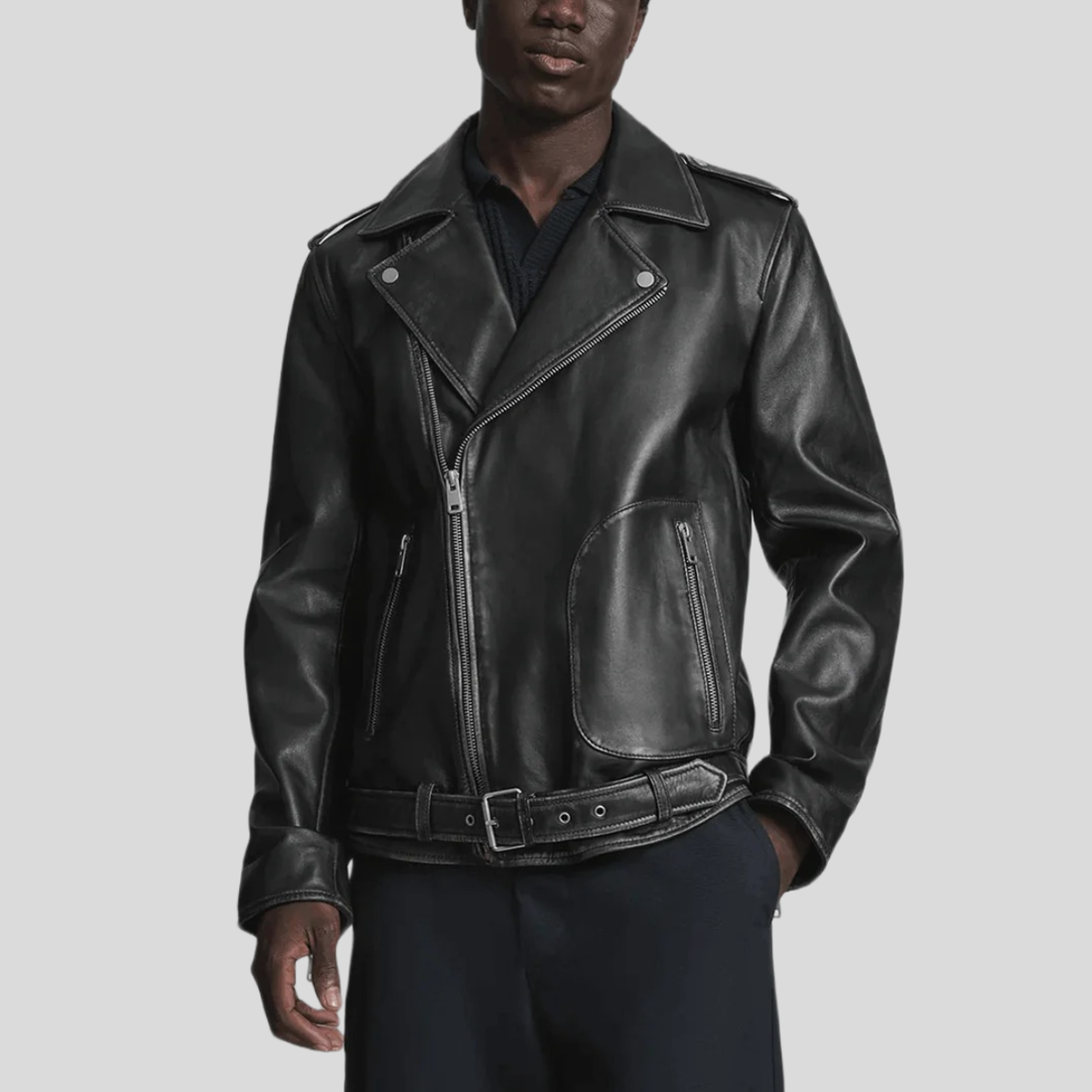 Premium Sheep Leather Moto Jacket - Black