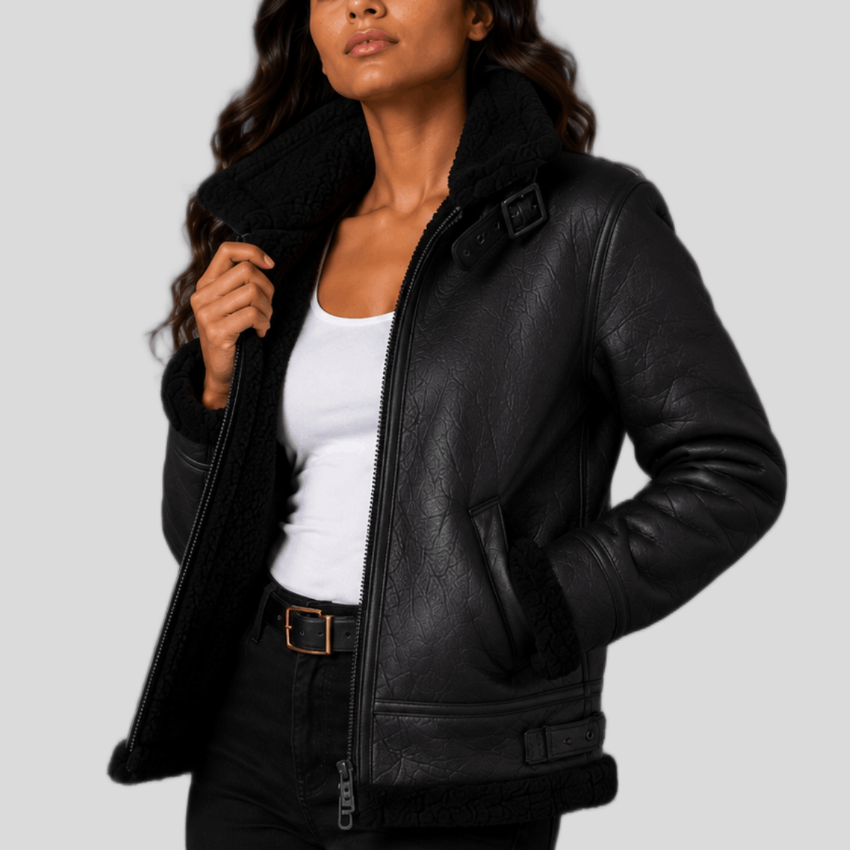 Women's Classic Shearling Leather Bomber Jacket