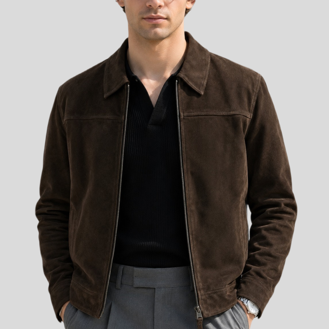 Men's Classic Cowhide Suede Zip Jacket - Brown