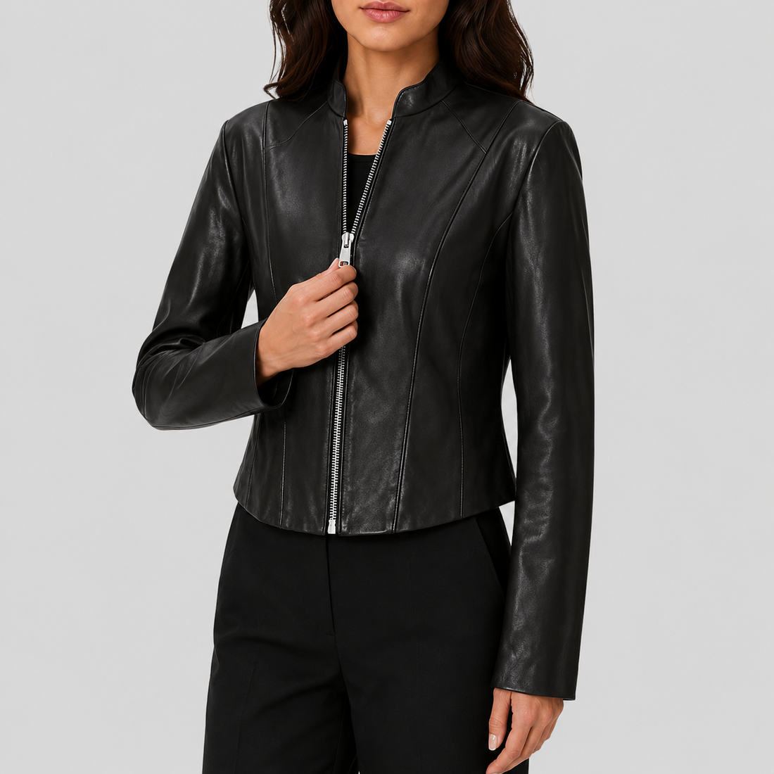 Women's Slim Fit Washed Sheepskin Leather Jacket - Black