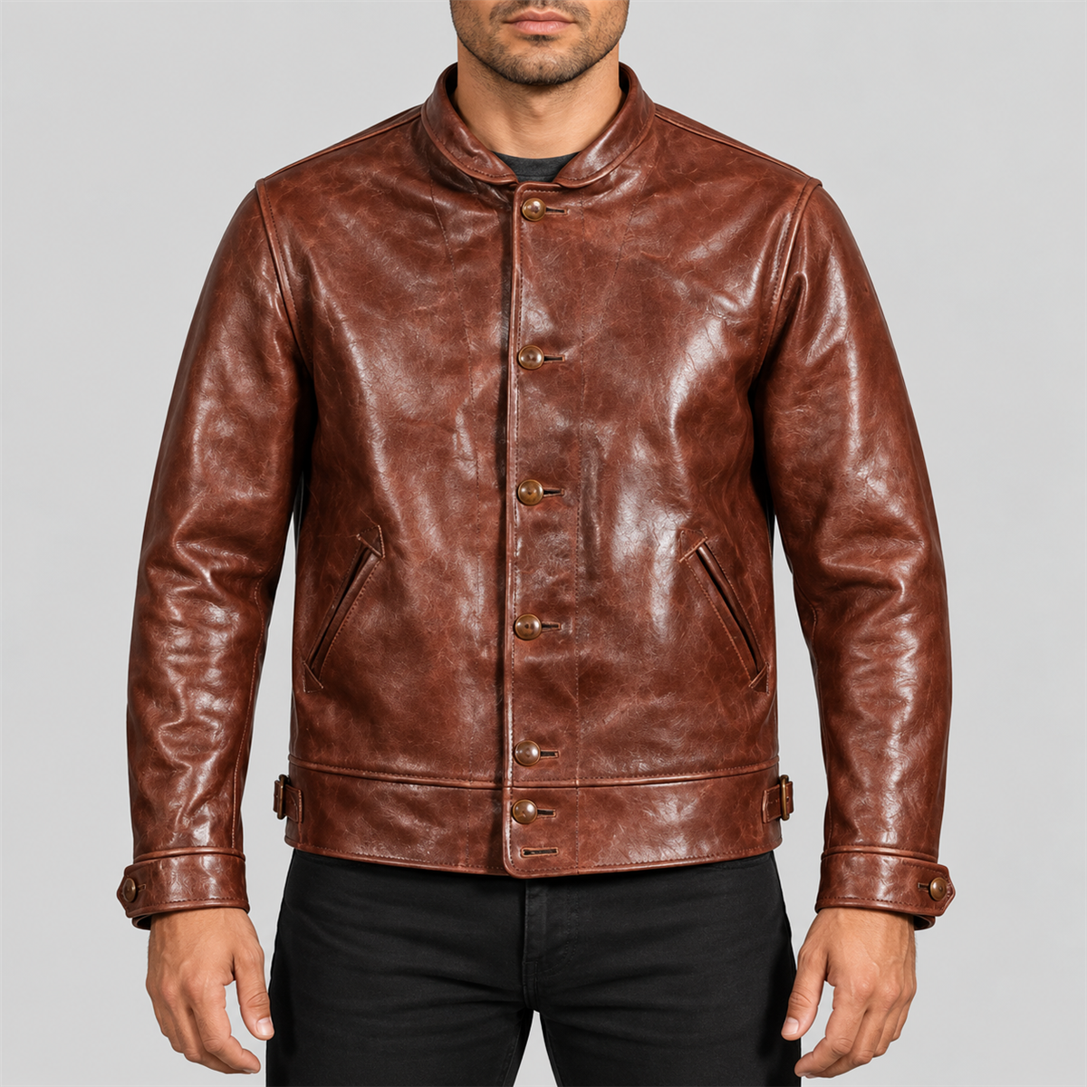 Men's Vintage Black Belted D-Pocket Cowhide Leather Biker Jacket