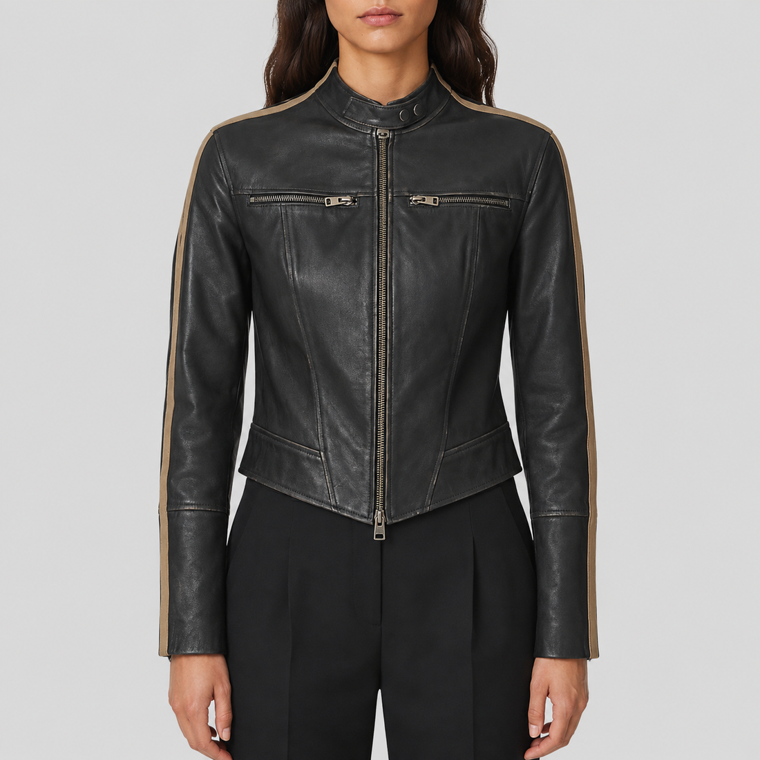 Women's Fitted Motorsport Stripe Leather Jacket - Black
