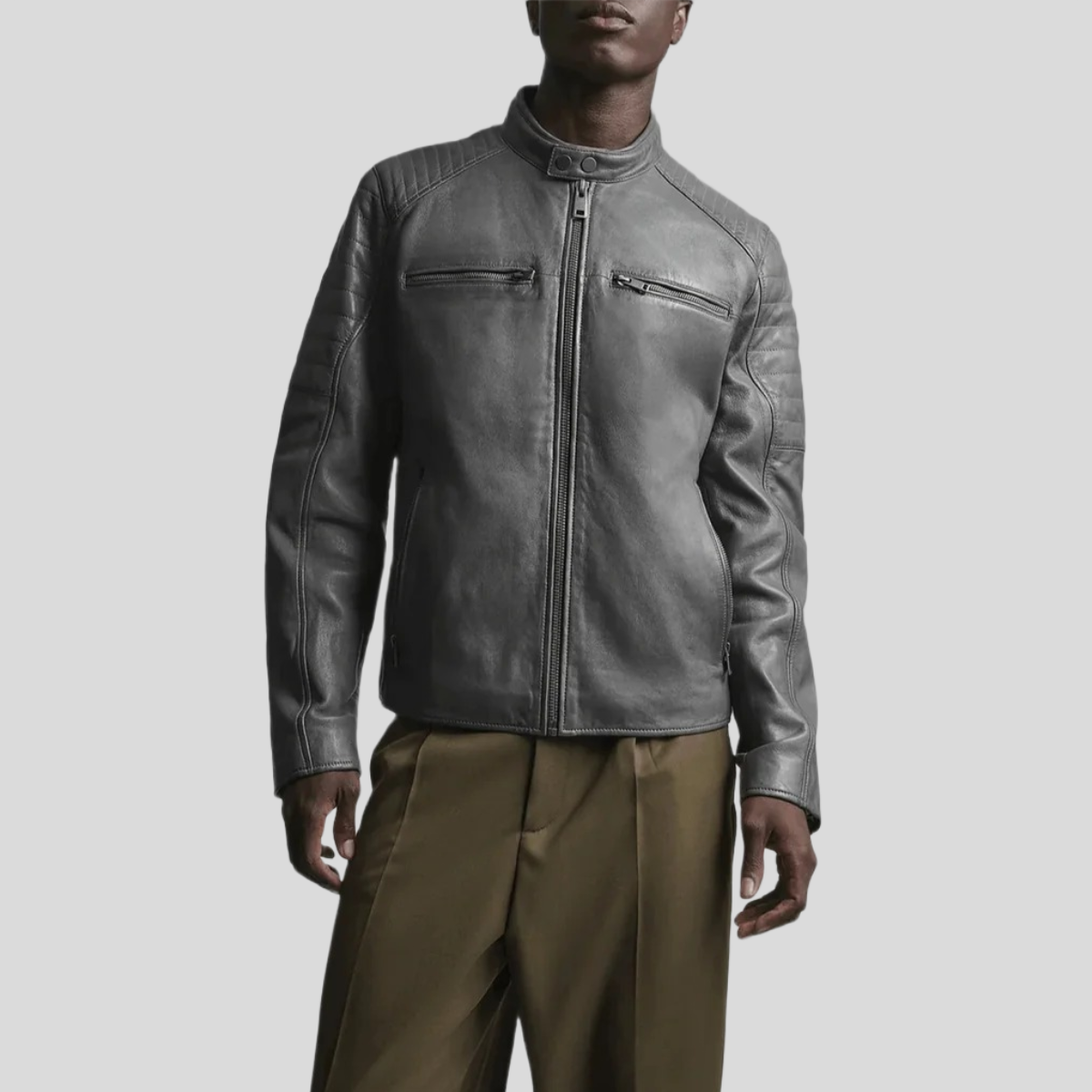 Men's Lance Collarless Leather Moto Jacket