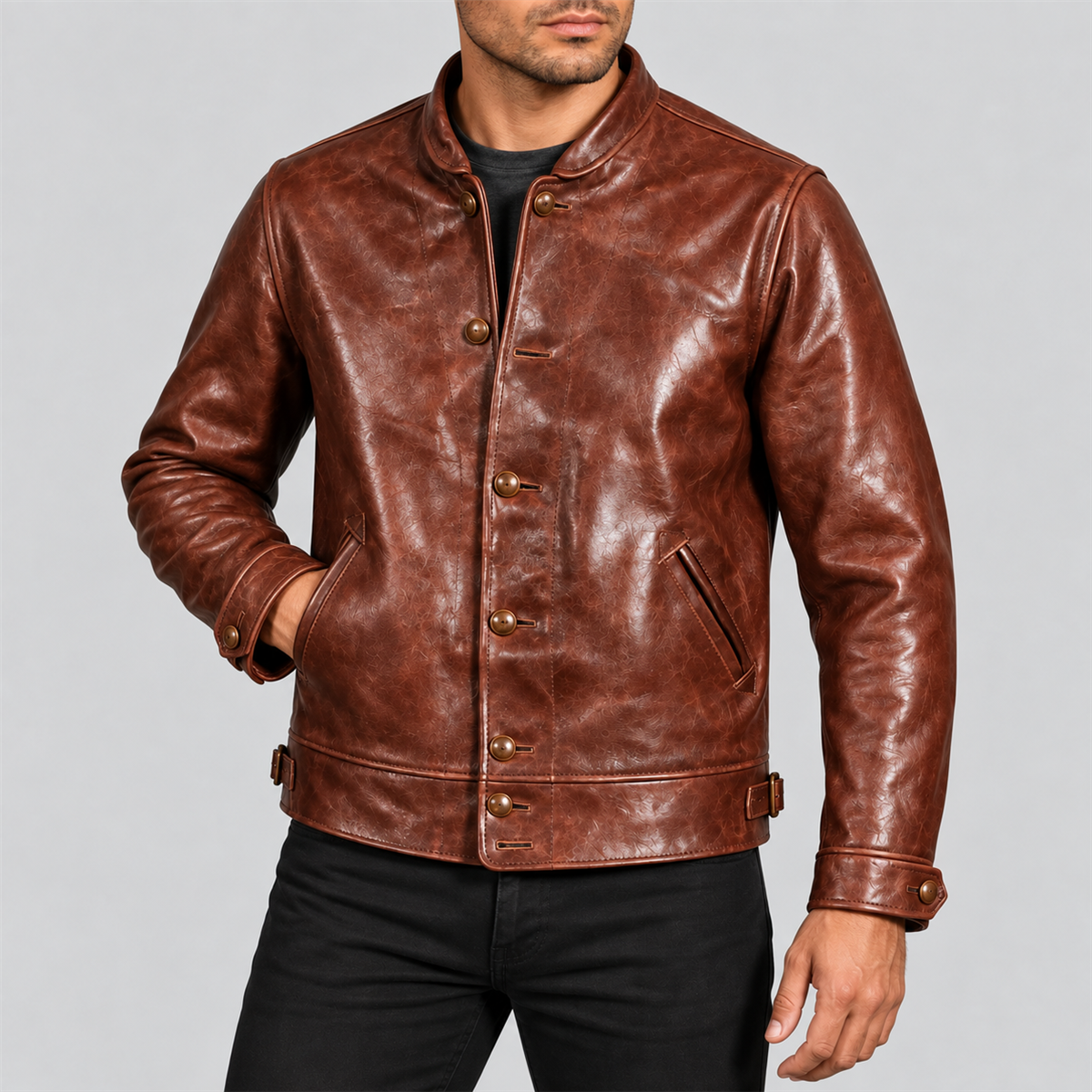 Men's Vintage Black Belted D-Pocket Cowhide Leather Biker Jacket