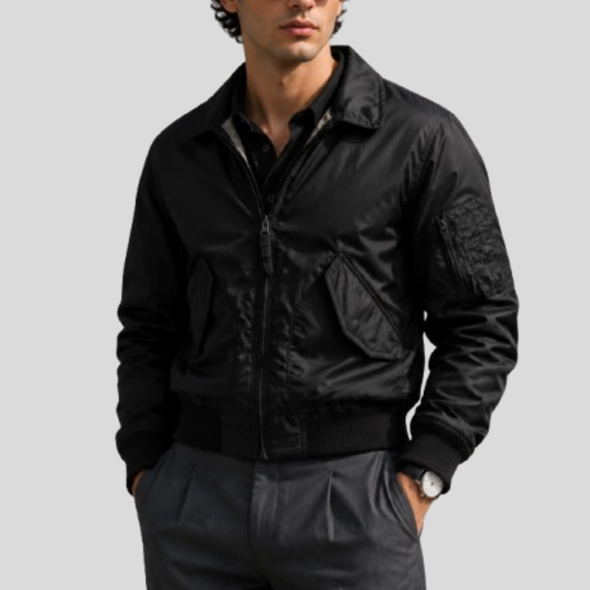 Men's Black Stealth CWU-36 Nylon Flight Bomber Jacket