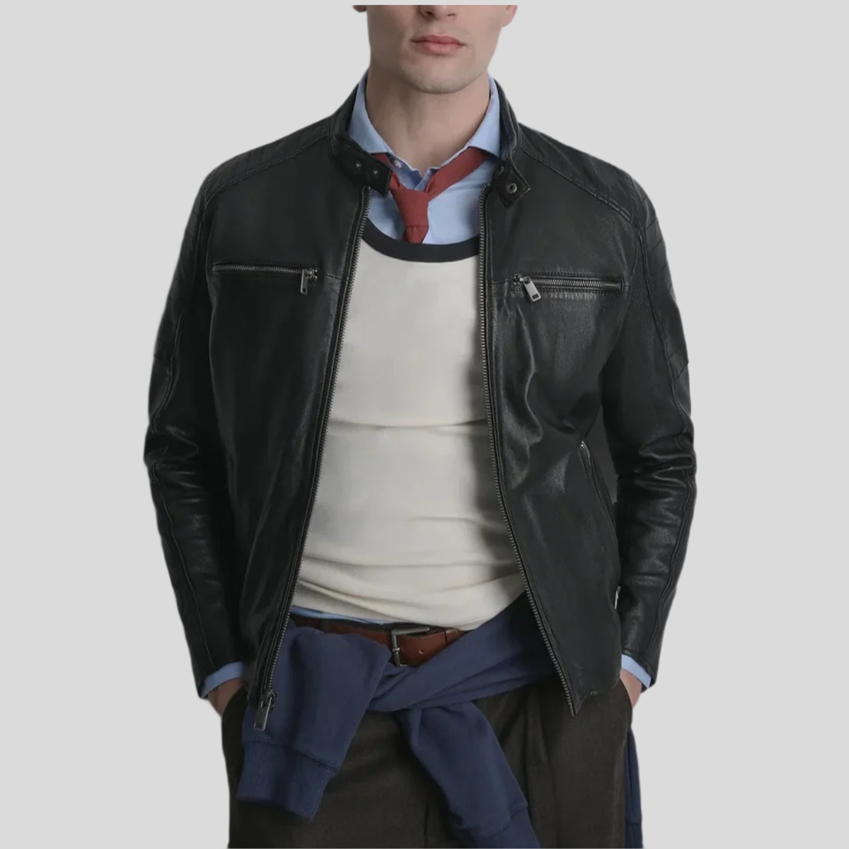 Men's Lance Collarless Leather Moto Jacket