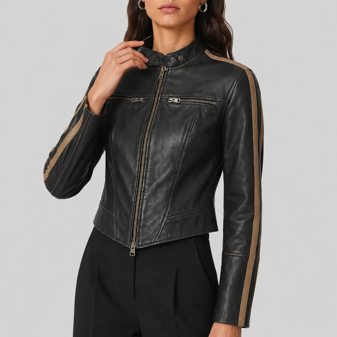 Women's Fitted Motorsport Stripe Leather Jacket - Black