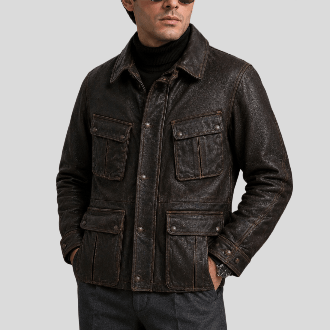 Men's Vintage Stonewashed Leather Motorcycle Jacket - Brown