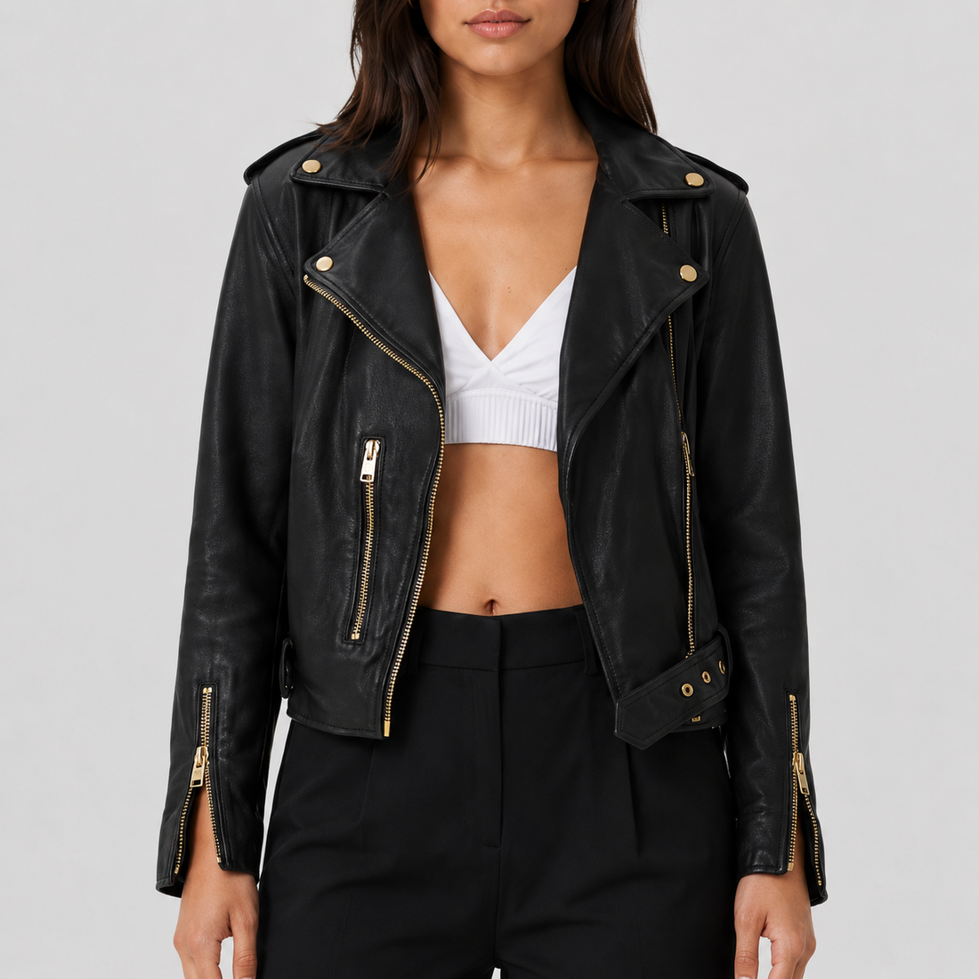 Women's Black Sheepskin Leather Belted Moto Jacket - Black