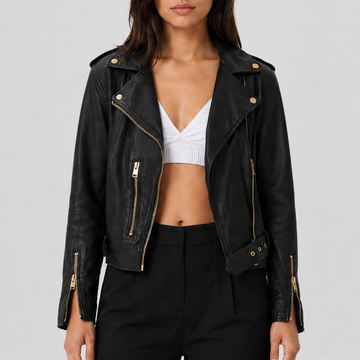 Women's Black Sheepskin Leather Belted Moto Jacket - Black