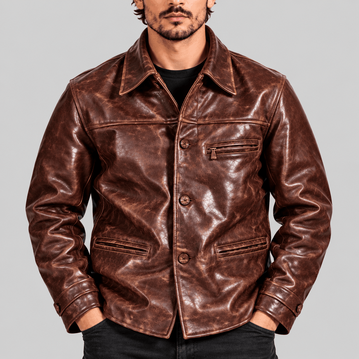 Men's Vintage 1930s Brakeman Distressed Brown Cowhide Leather Jacket