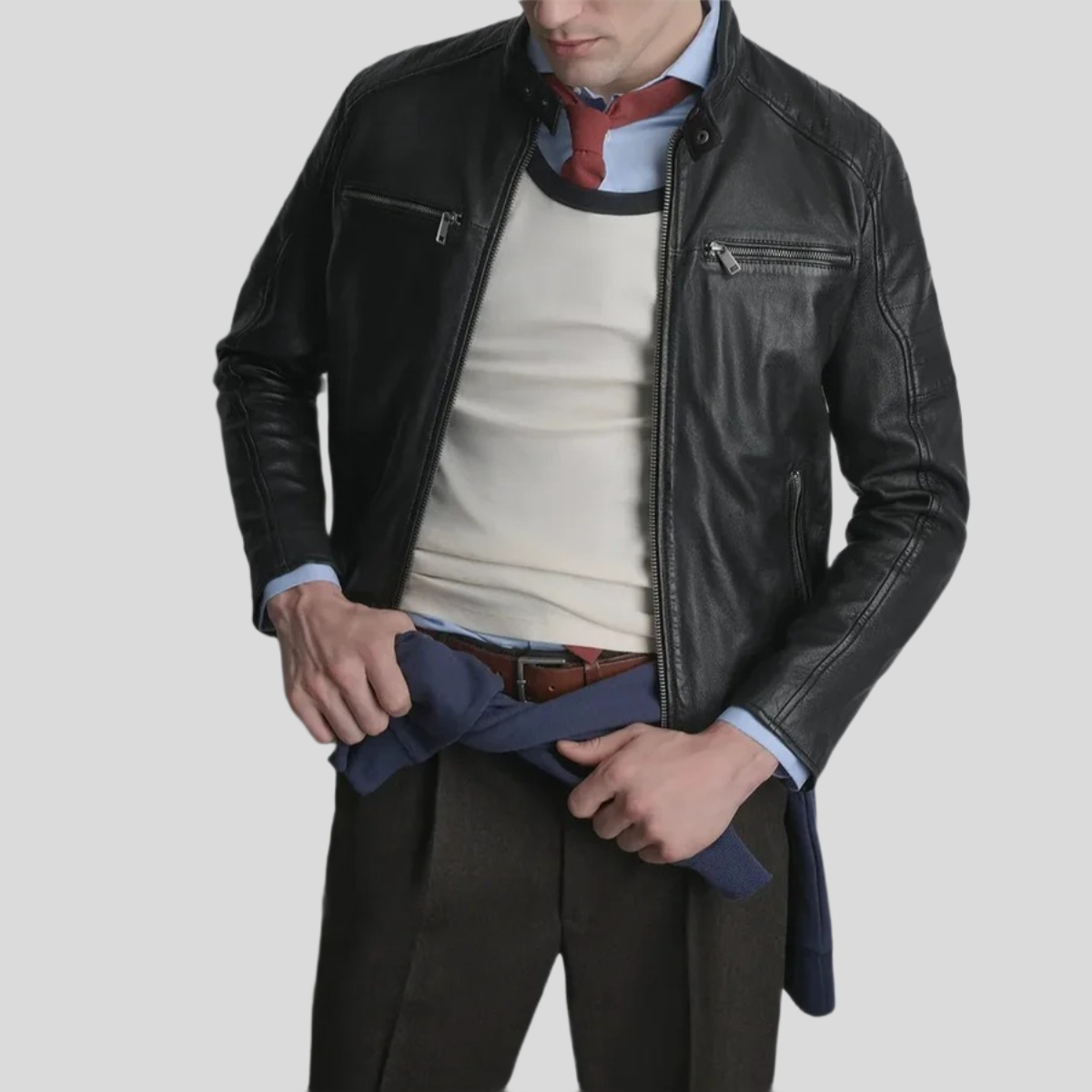 Men's Lance Collarless Leather Moto Jacket - Black