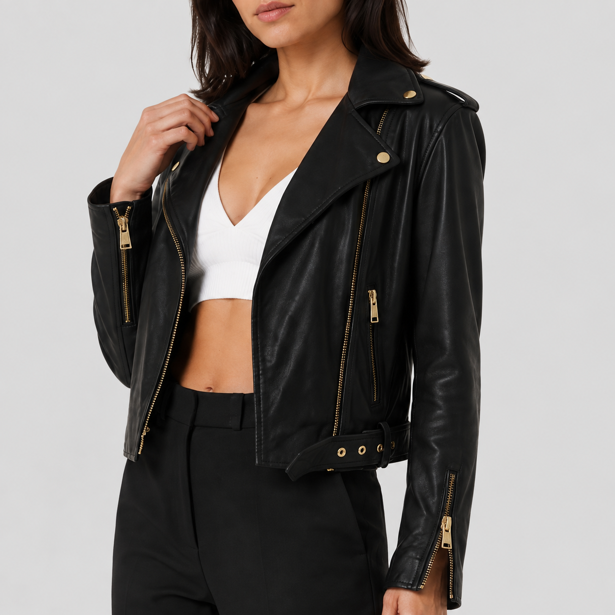Women's Black Sheepskin Leather Belted Moto Jacket