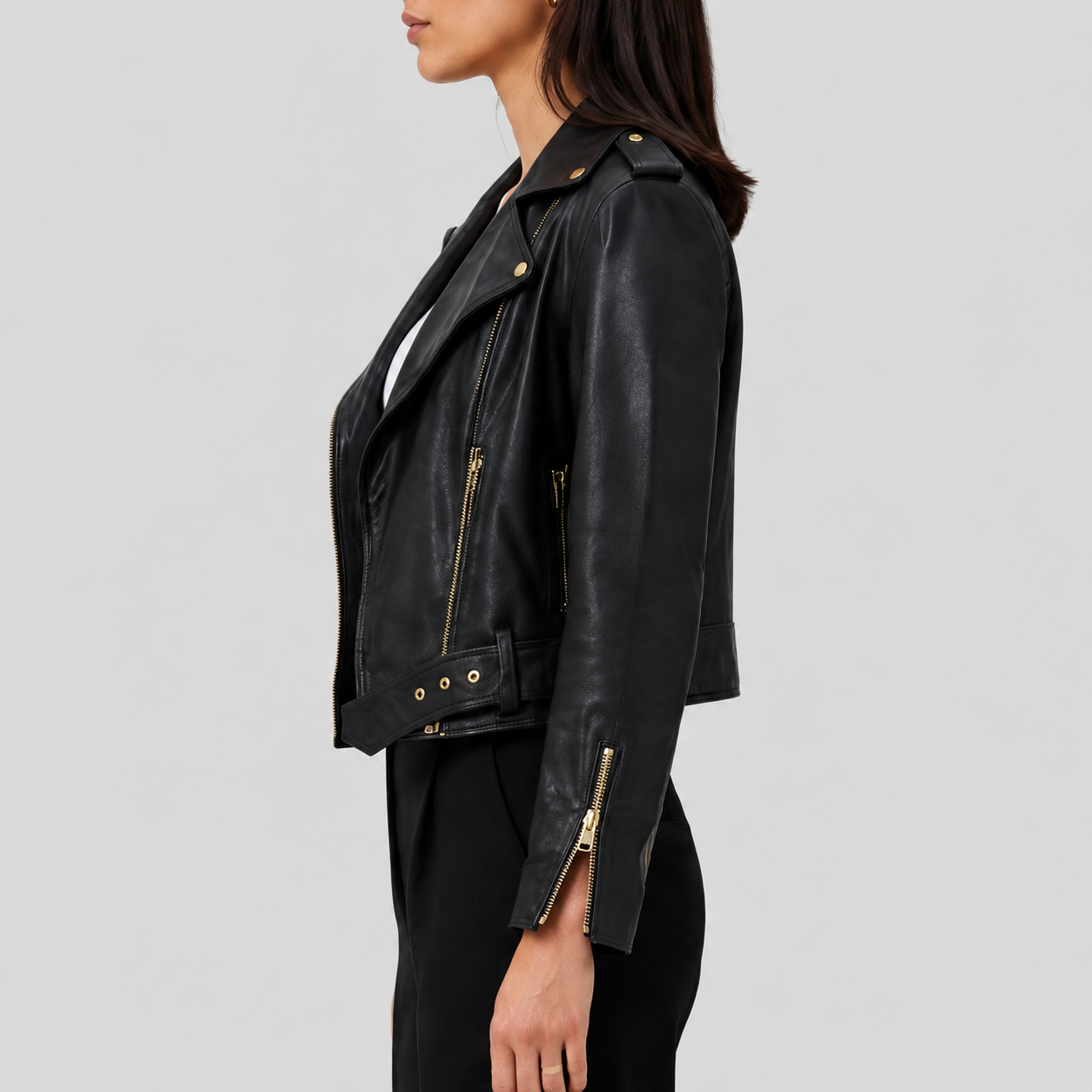 Women's Black Sheepskin Leather Belted Moto Jacket