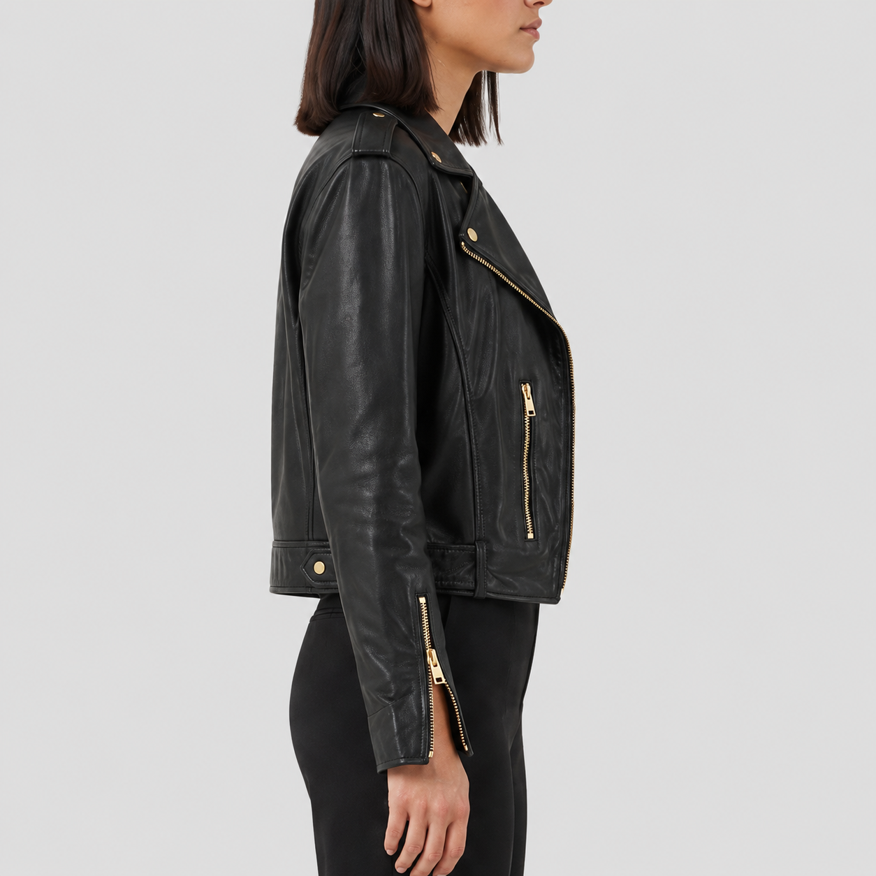 Women's Black Sheepskin Leather Belted Moto Jacket