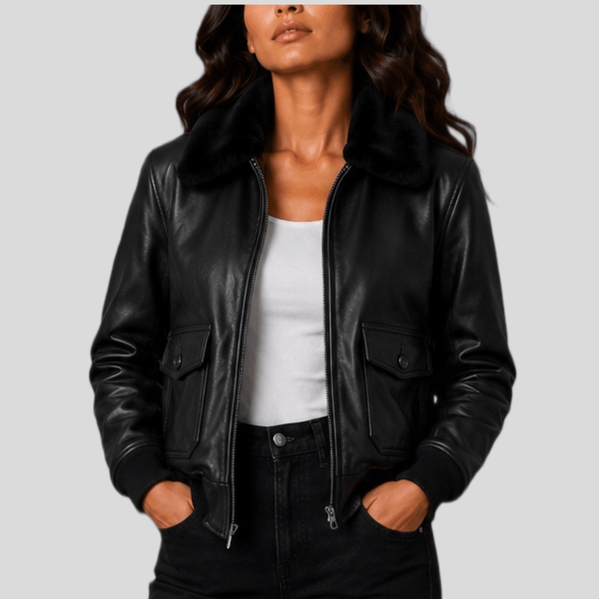 Women's Vintage Black Sheepskin Leather Bomber Jacket with Fur Collar