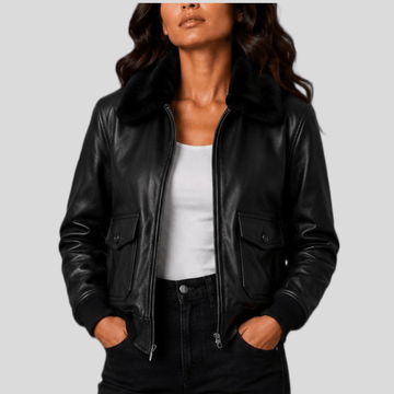 Women's Vintage Black Sheepskin Leather Bomber Jacket with Fur Collar