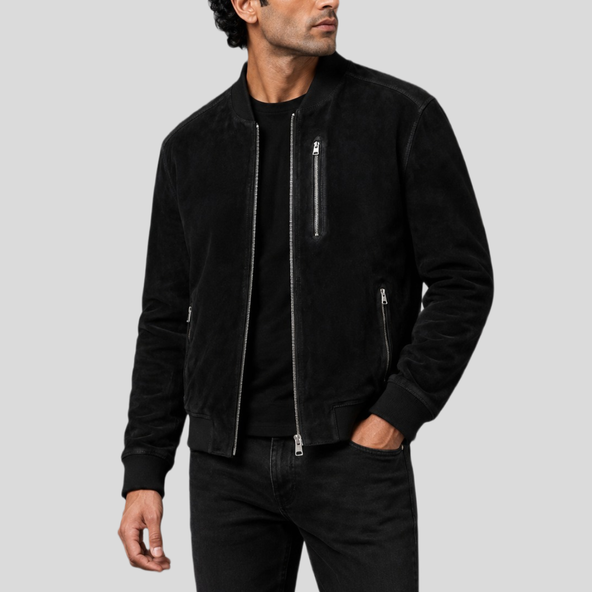 Men's Sheepskin Suede Bomber Jacket