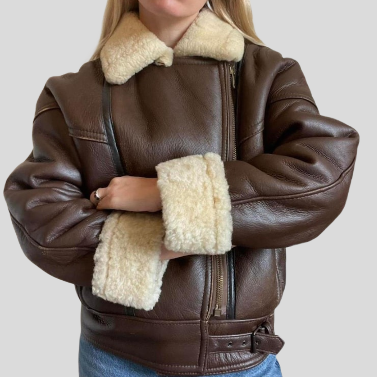 Women's Vintage B-3 Brown Sheepskin Shearling Aviator Bomber Jacket