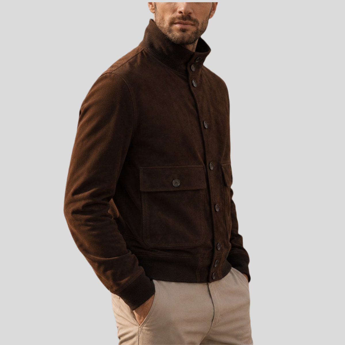 Men's Dark Brown Sheepskin Suede Bomber Jacket