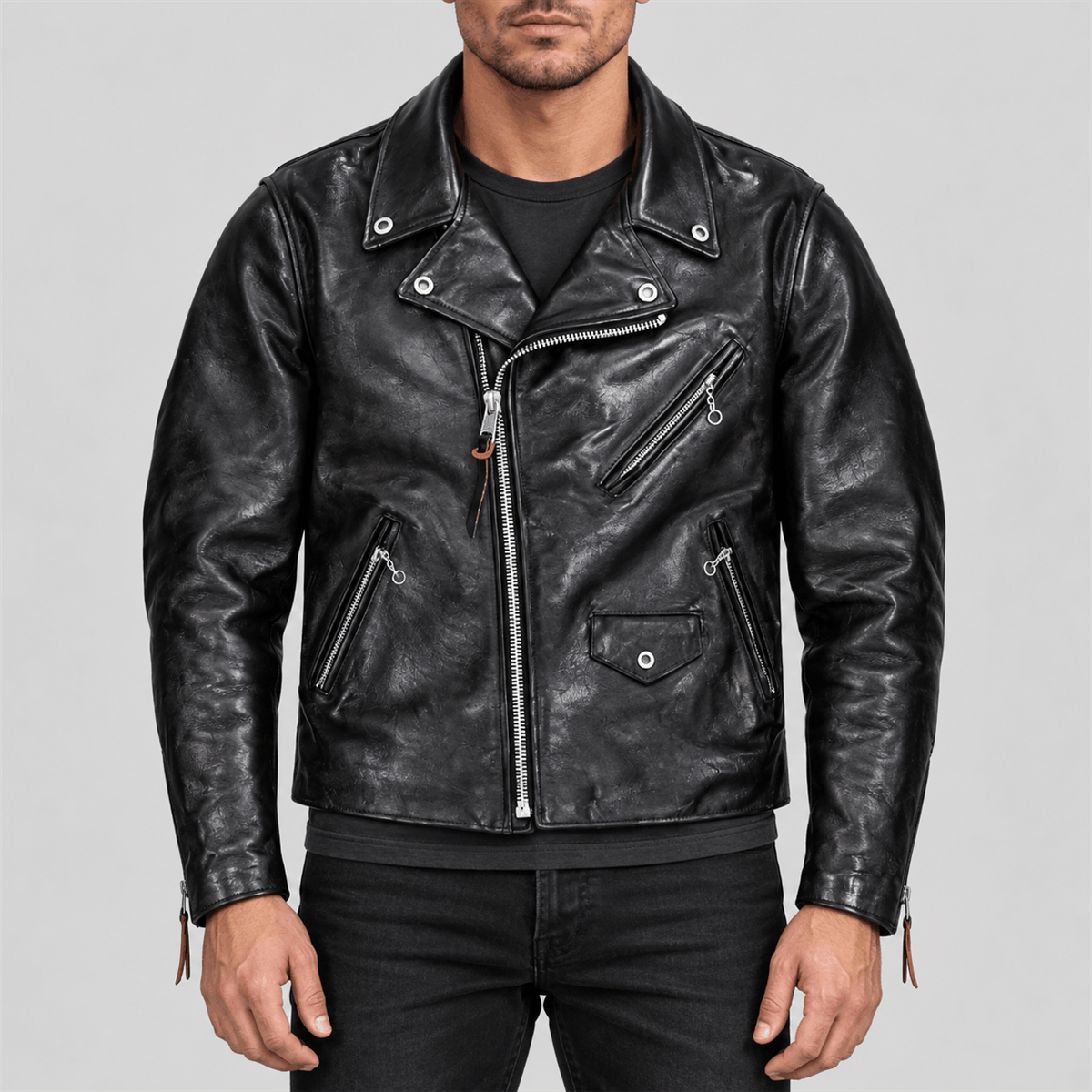 Men's Black Beltless Tea-Core Cowhide Leather Double Rider Jacket