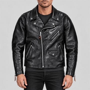 Men's Black Beltless Tea-Core Cowhide Leather Double Rider Jacket