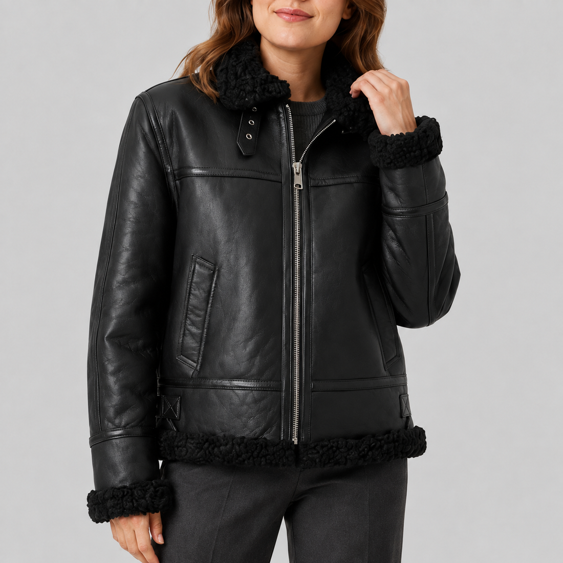 Women's Sheepskin Shearling Wool-Trimmed Flying Jacket - Black