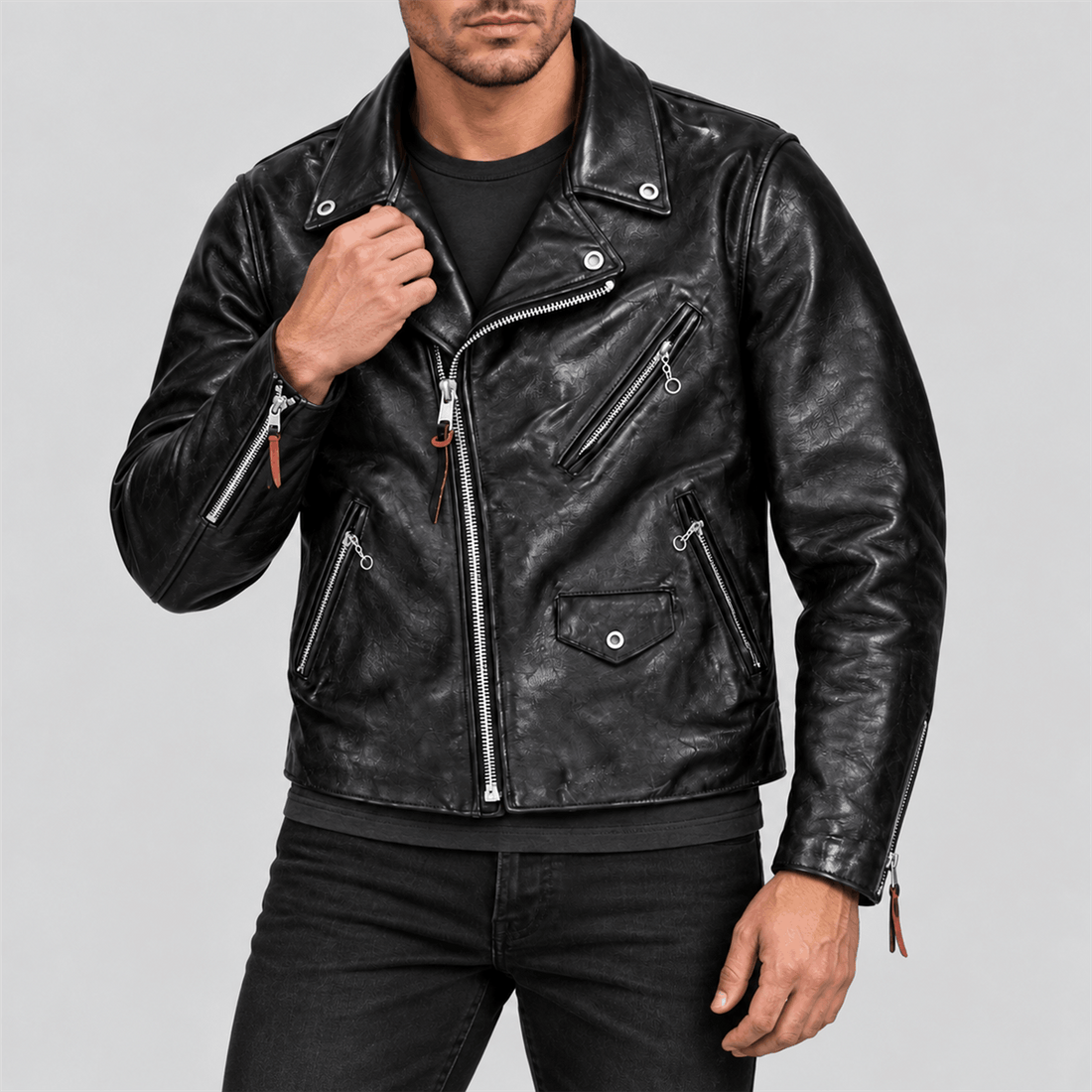Men's Black Beltless Tea-Core Cowhide Leather Double Rider Jacket