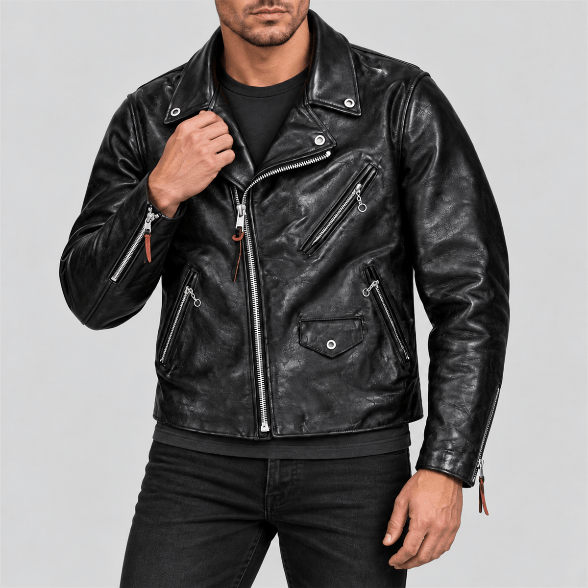 Men's Black Beltless Tea-Core Cowhide Leather Double Rider Jacket