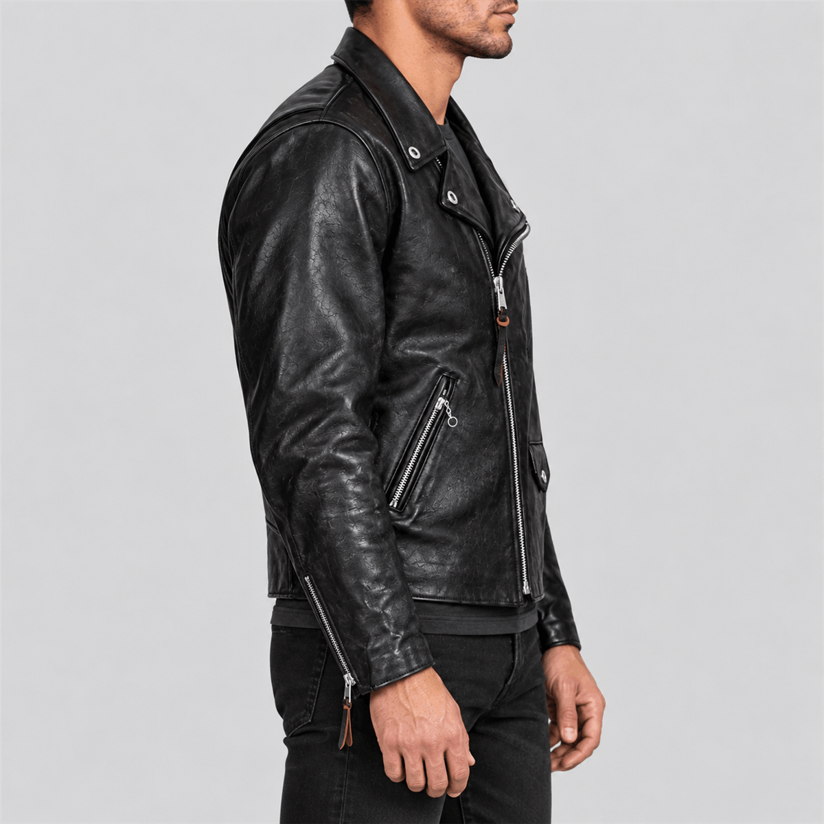 Men's Black Beltless Tea-Core Cowhide Leather Double Rider Jacket