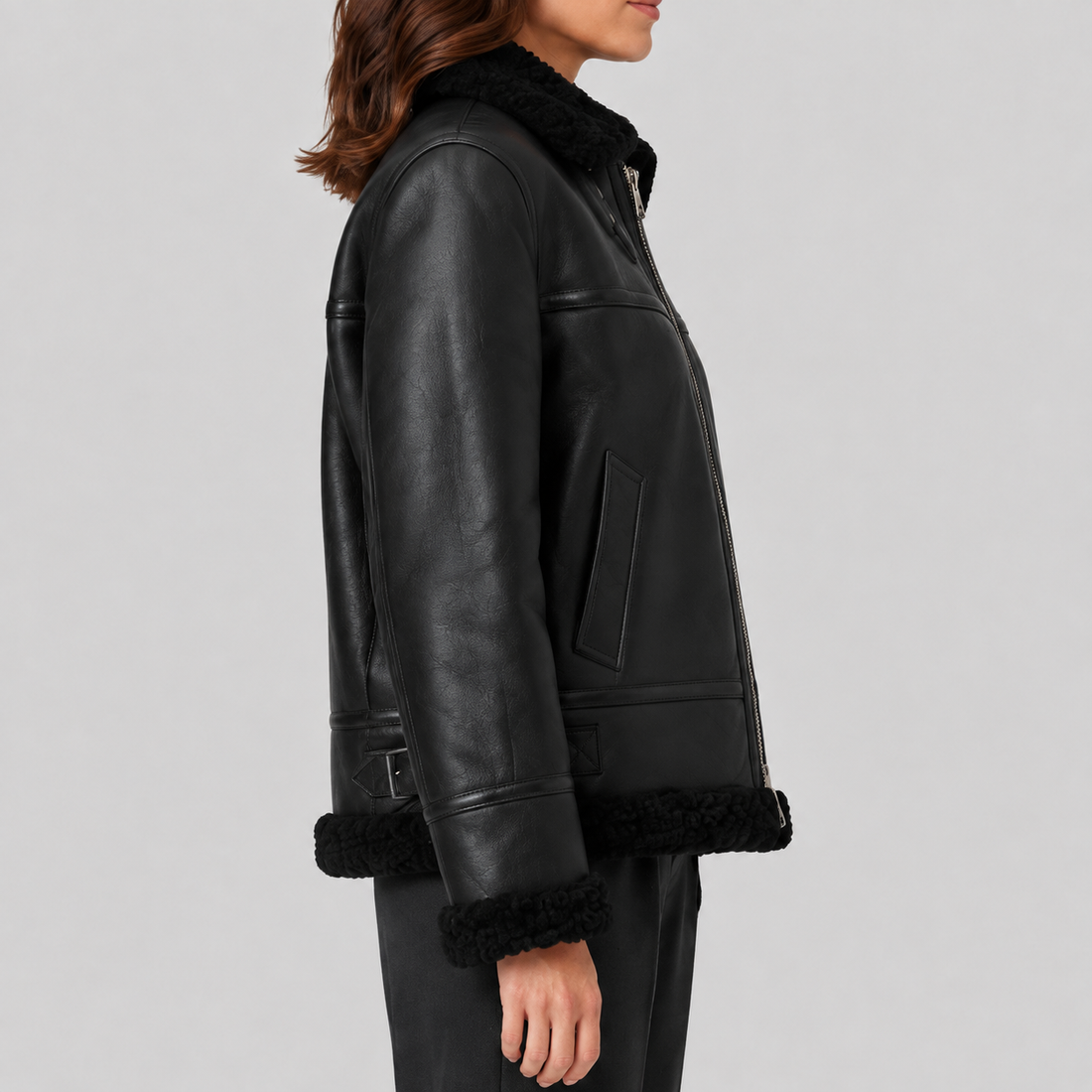 Women's Sheepskin Shearling Wool-Trimmed Flying Jacket - Black