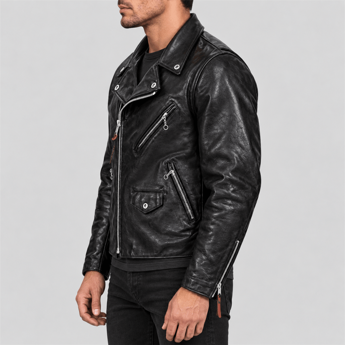 Men's Black Beltless Tea-Core Cowhide Leather Double Rider Jacket