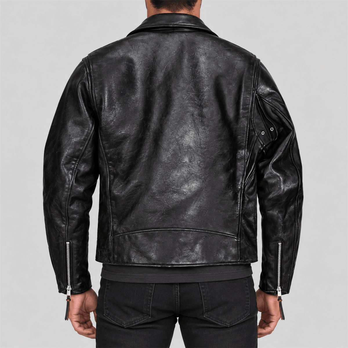 Men's Black Beltless Tea-Core Cowhide Leather Double Rider Jacket