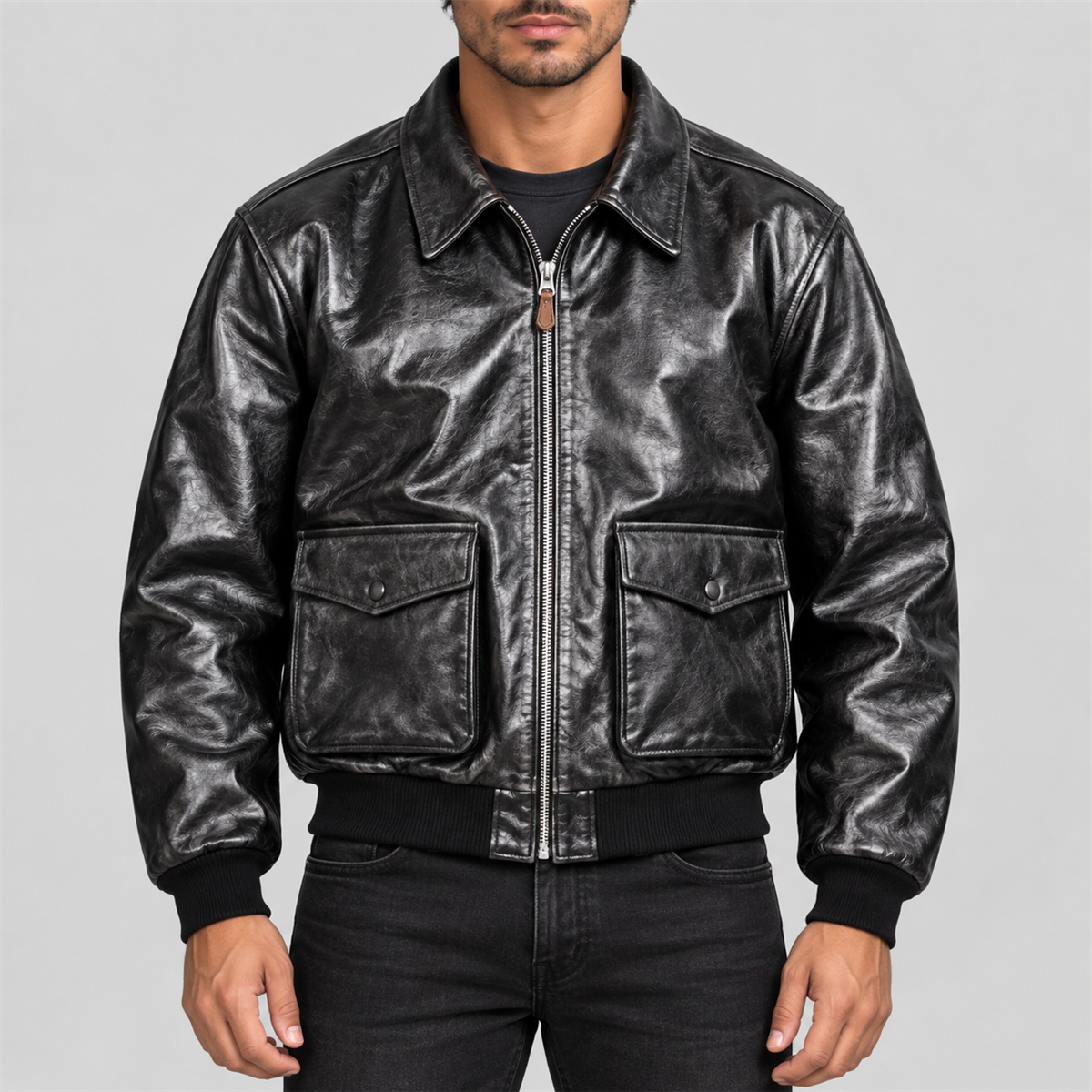 Men's Classic Black Flap-Pocket Leather Bomber Jacket