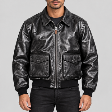 Men's Classic Black Flap-Pocket Leather Bomber Jacket