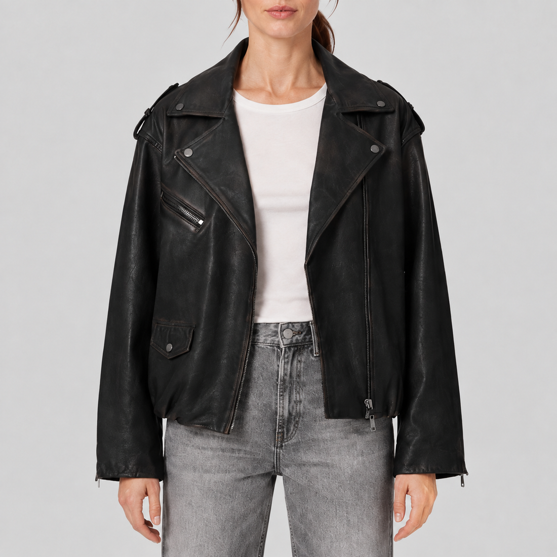 Women's Relaxed Sheepskin Leather Gathered-Waist Moto Jacket - Black