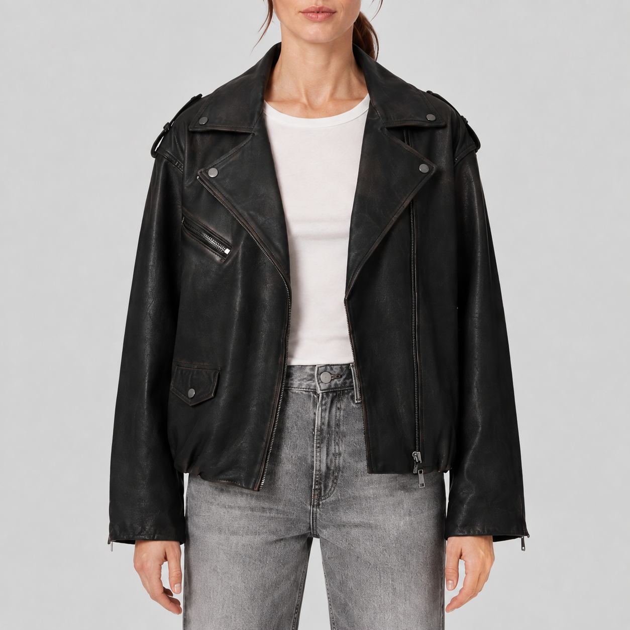 Women's Relaxed Sheepskin Leather Gathered-Waist Moto Jacket - Black