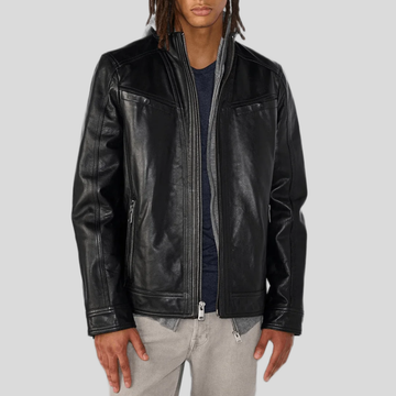Men's Sean Vintage Leather Racer Jacket - Black