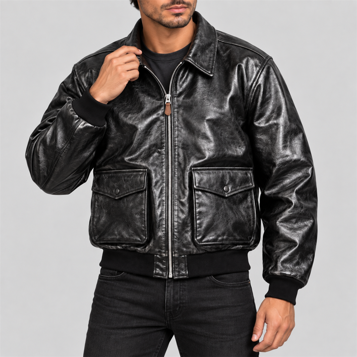 Men's Classic Black Flap-Pocket Leather Bomber Jacket