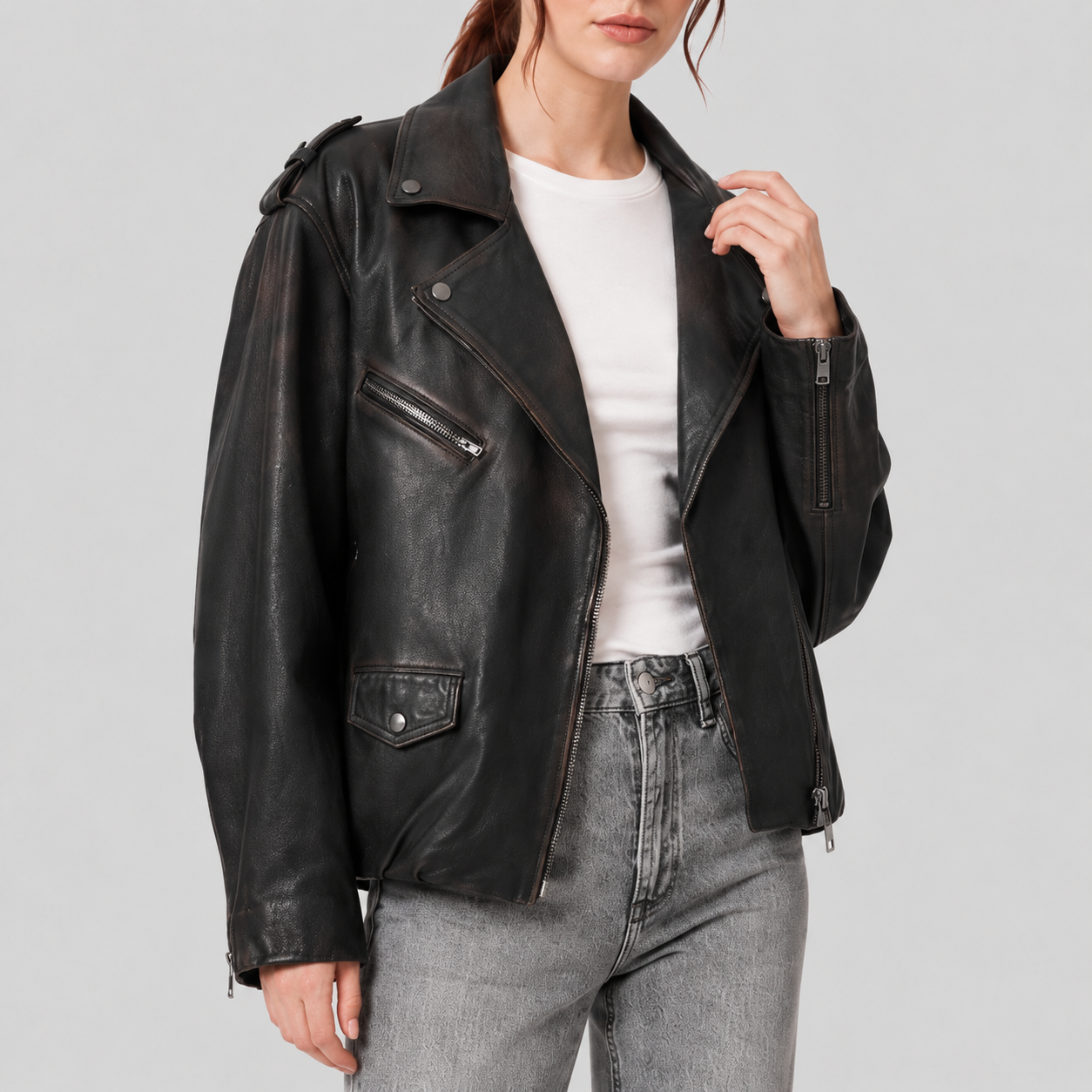 Women's Relaxed Sheepskin Leather Gathered-Waist Moto Jacket